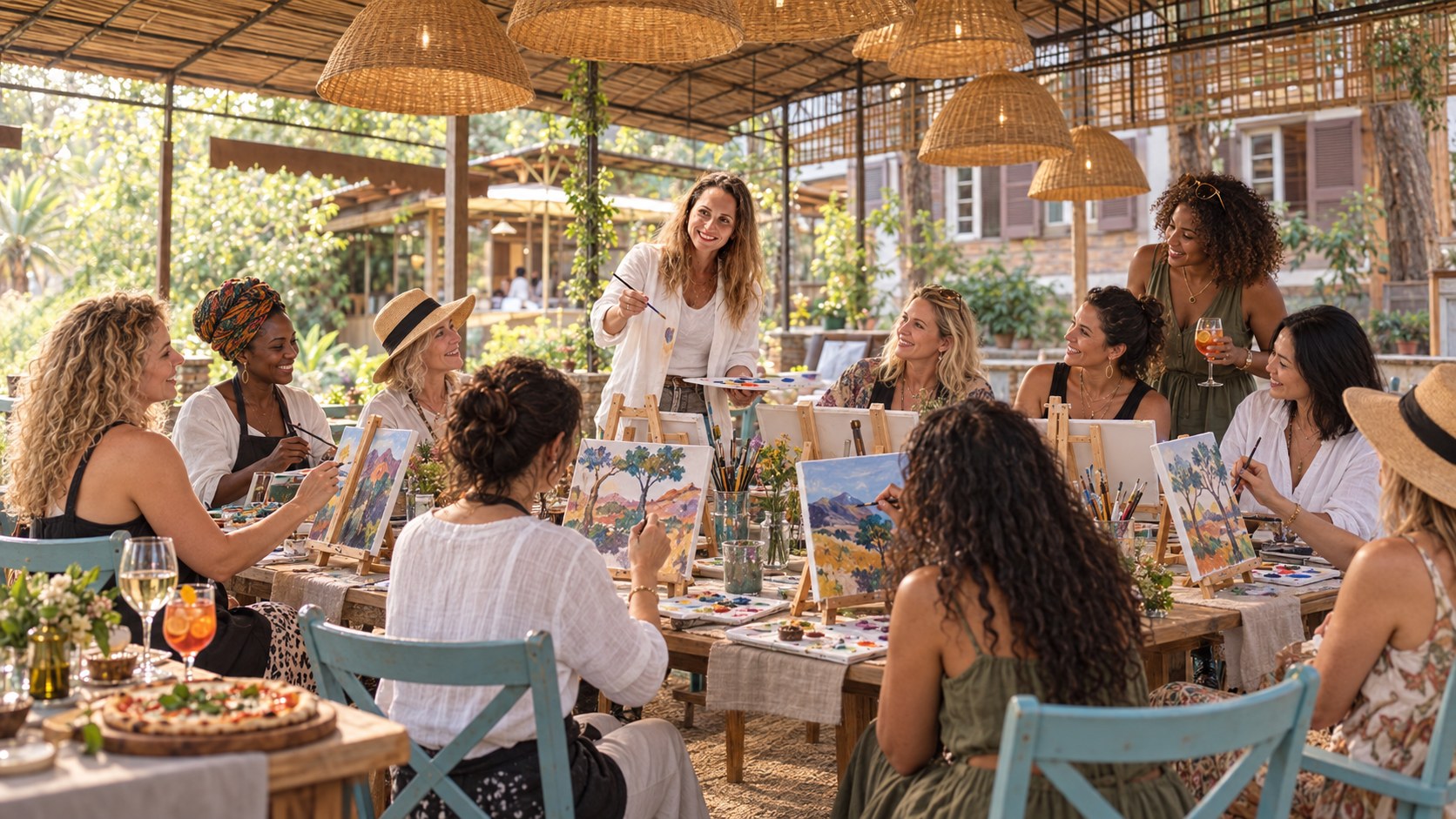 נילי מנחה עשר נשים בסדנת ציור משותפת בחצר ירוקה